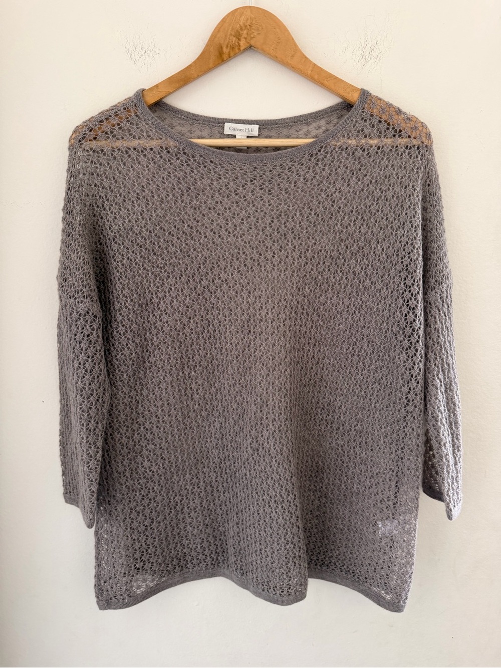 Garnet Hill 100% Cashmere Open Knit Sweater Grey Sheer Lightweight Slouchy XS